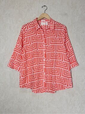 Chico’s Women’s No-Iron 100% Linen Button Down Shirt Geometric in Orange 3P/XLP